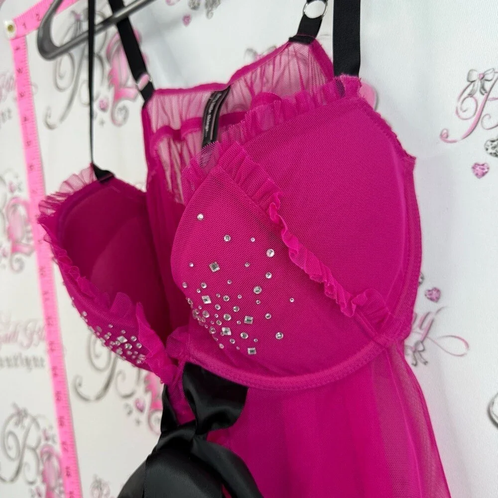 Victoria’s Secret set 2 piece rhinestone Sheer Fuchsia Babydoll matching ribbon